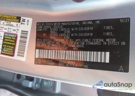 2022 Toyota Highlander Xle z USA, uszkodzony, nr VIN 5TDGZRBH9NS561247